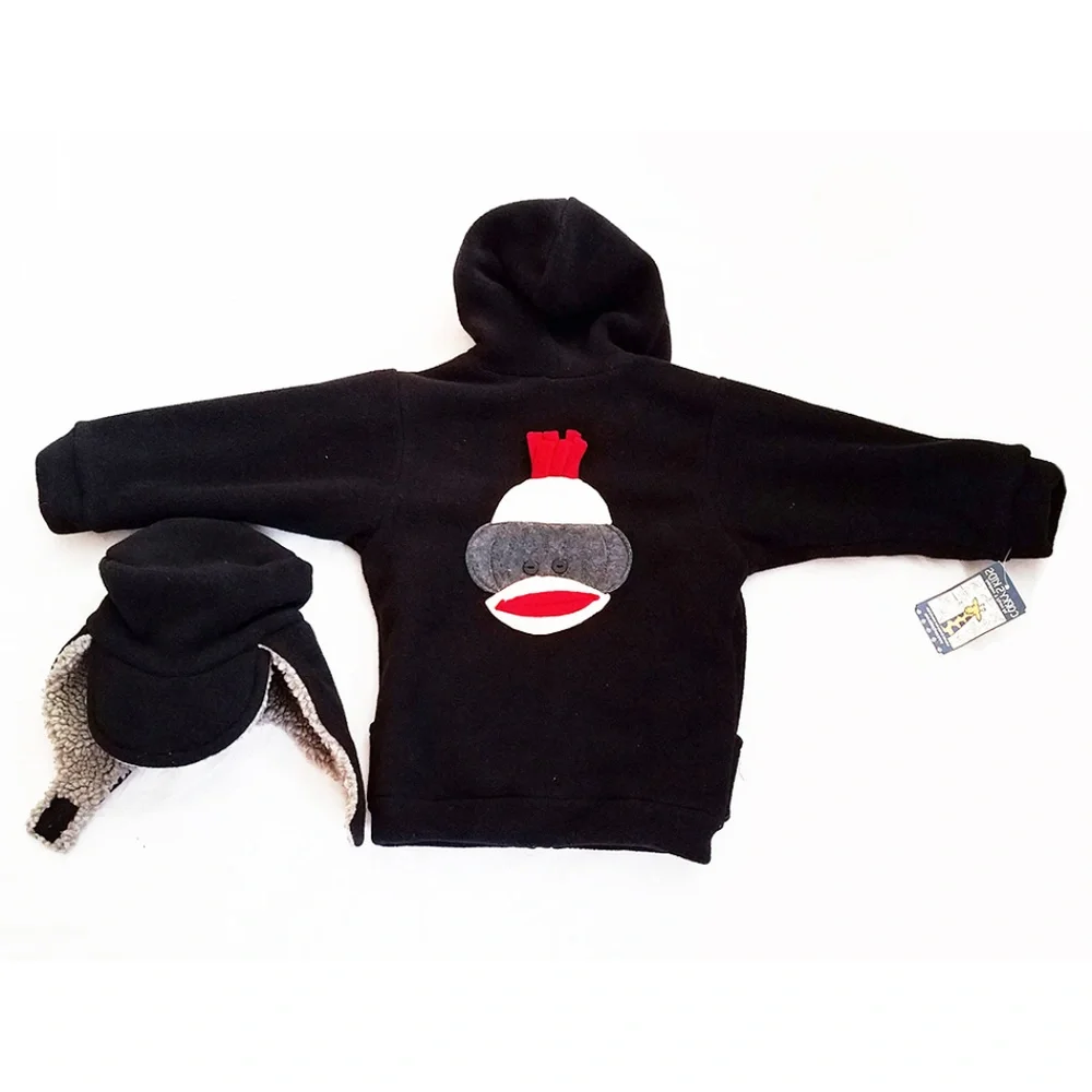 NWT Corky & Co Boutique  2T Boy's 2pc Hooded Black Fleece Jacket & Hat w/Monkey‎